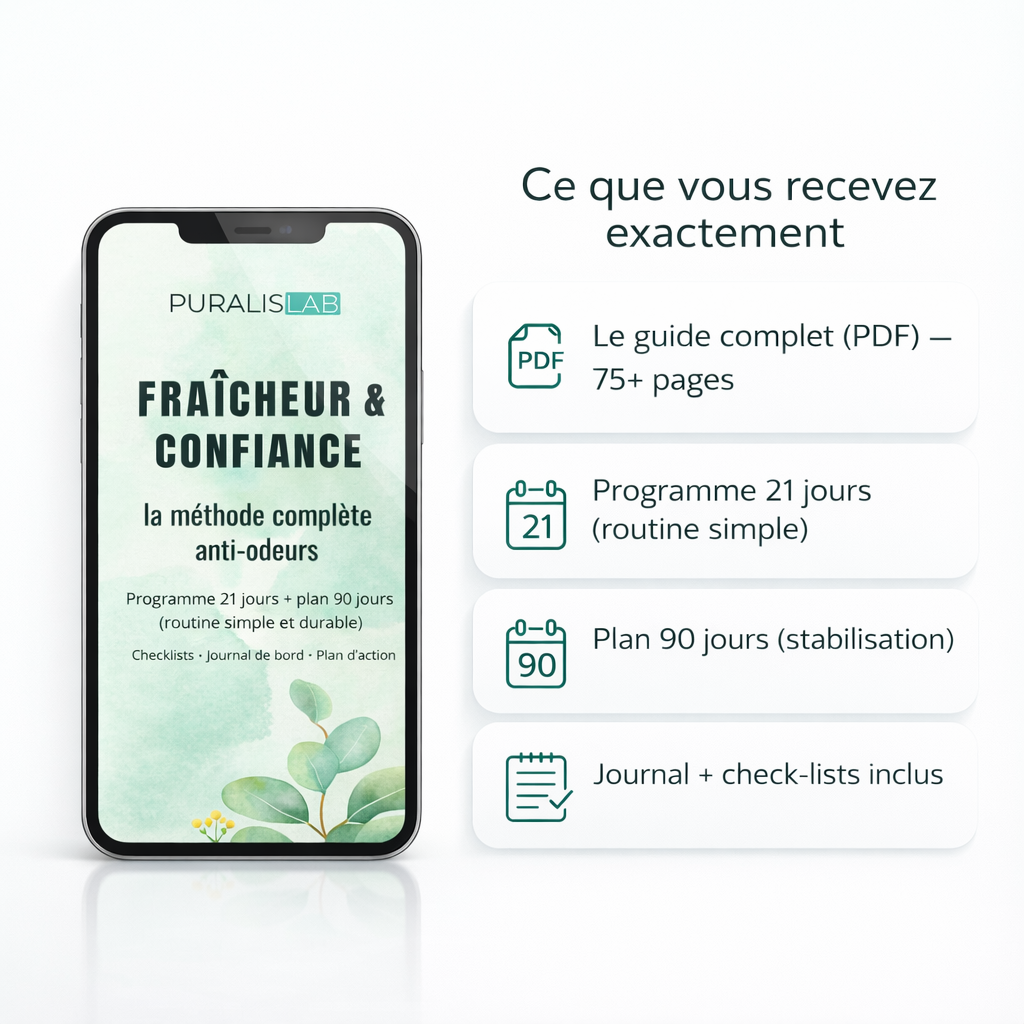 Guide complet de ±75 pages, avec programme 21 jours, menus, check-lists et partie spéciale
