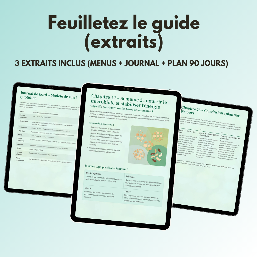 Guide complet de ±75 pages, avec programme 21 jours, menus, check-lists et partie spéciale