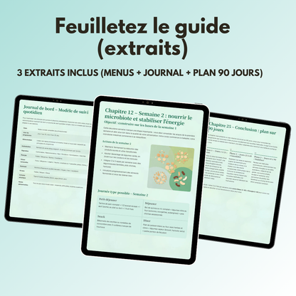 Guide complet de ±75 pages, avec programme 21 jours, menus, check-lists et partie spéciale